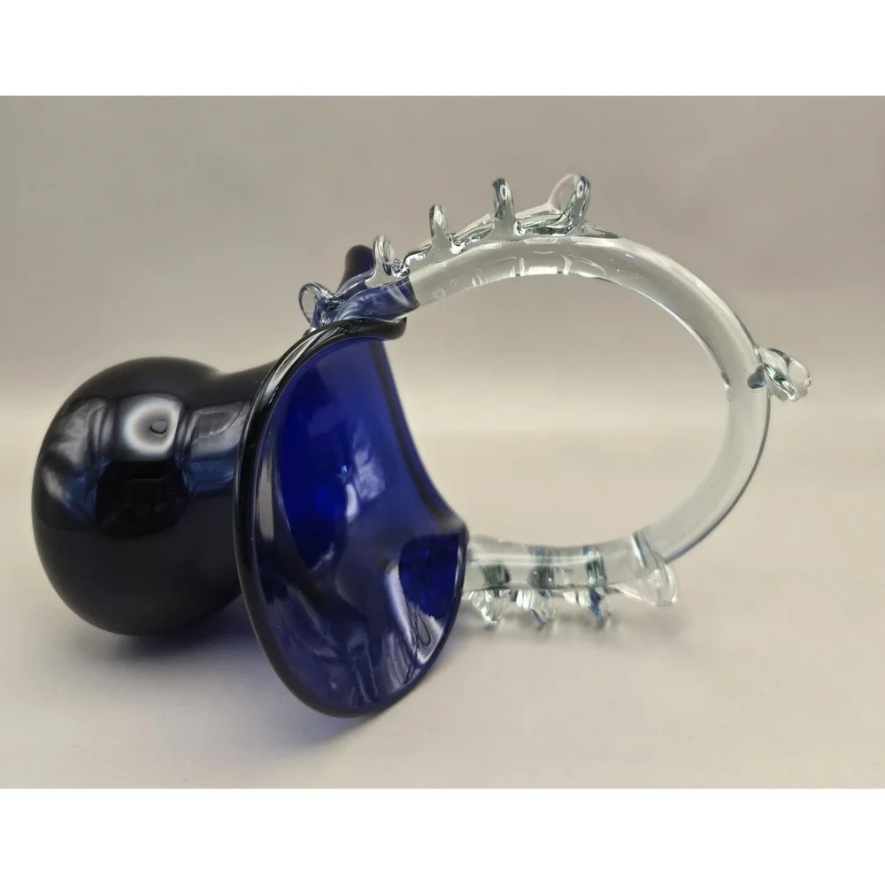 Vintage Romanian Basket Handblown Cobalt Blue 6.75